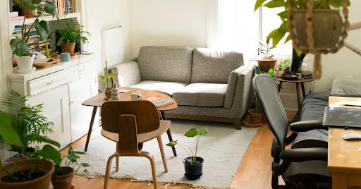 A small living room and workspace area.