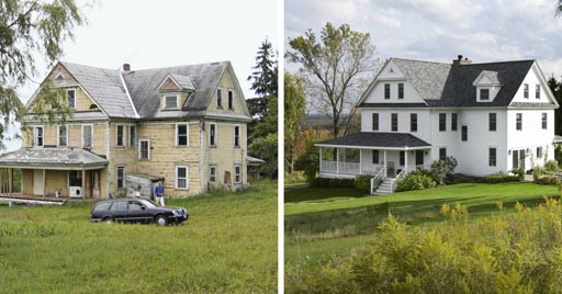 Before and after photos of new siding and paint on an old house.